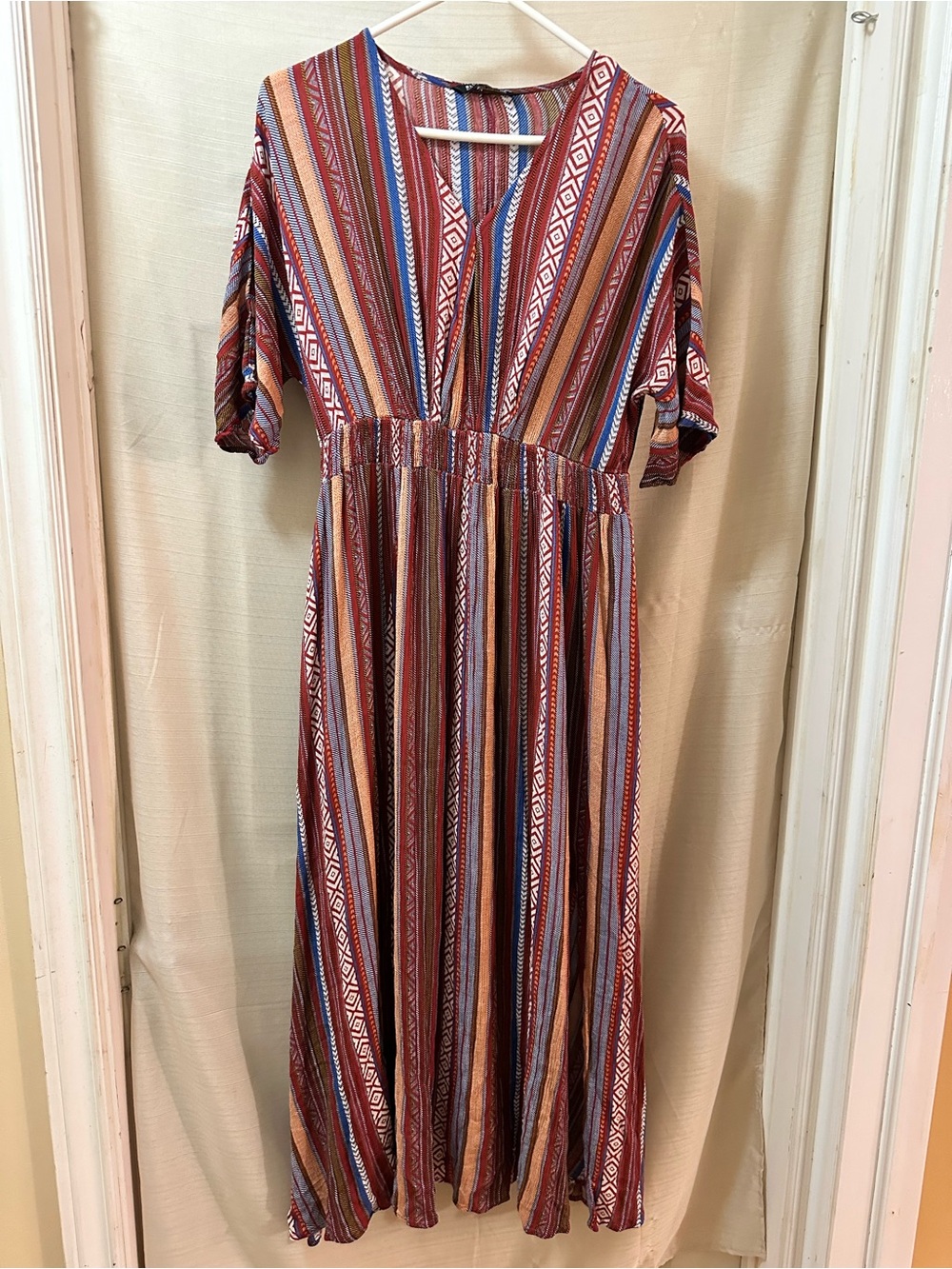 BloomChic Boho Tribal Stripe Maxi Dress Rayon V Neck Flutter Sleeve Size 10